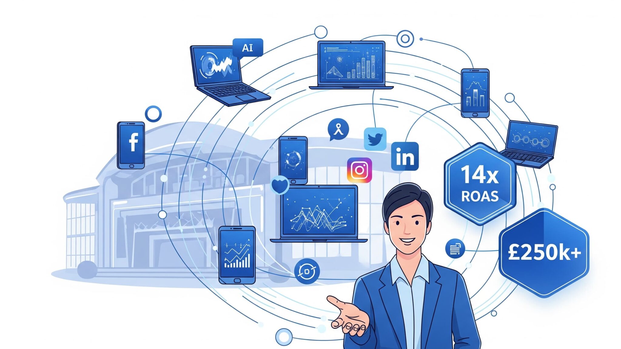 Professional event business owner surrounded by connected AI technology elements and digital interfaces, with ROI achievement metrics, illustrating strategic personalization in event marketing