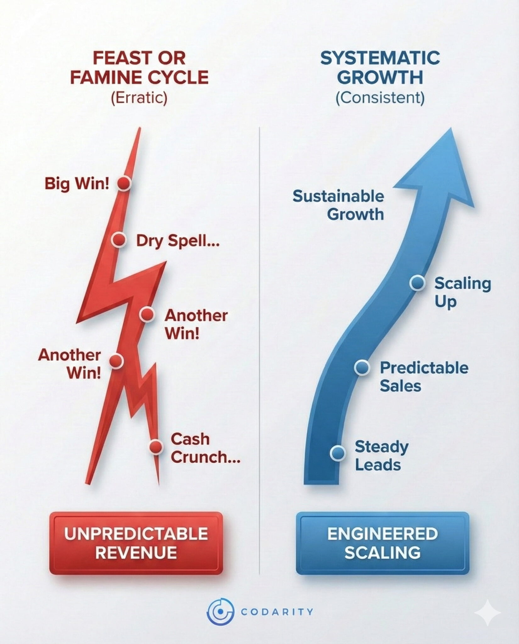 A split-screen comparison graphic. On the left, a jagged, erratic red line labeled "Feast or Famine" represents unstable revenue. On the right, a smooth, straight blue arrow labeled "Systematic Growth" represents consistent business performance.