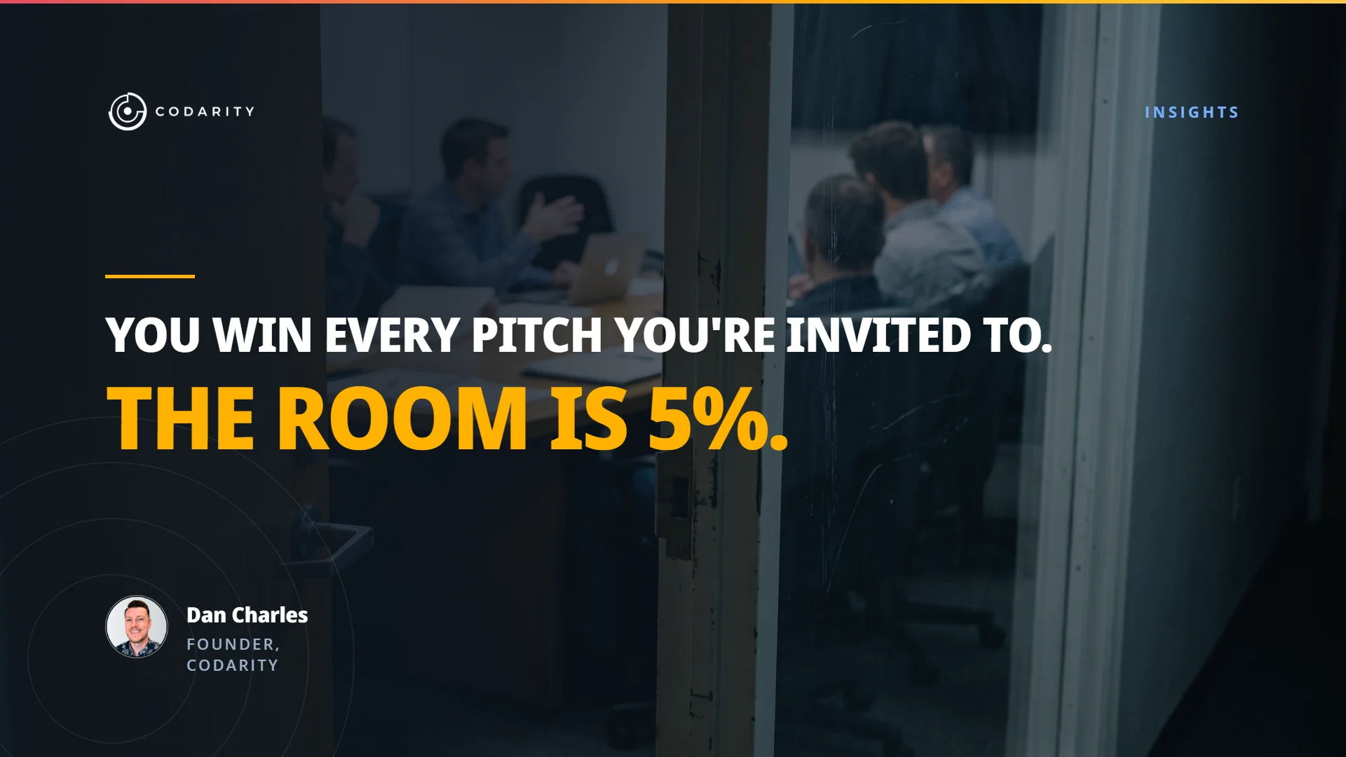 A corporate meeting in progress, seen from the corridor outside through a part-open door and a glass panel, with the camera deliberately not in the room. Captioned 'You win every pitch you're invited to. The room is 5%.' — with Dan Charles, Founder of Codarity.