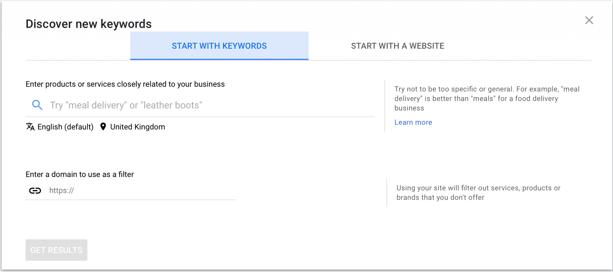 Google Keyword Planner: discover new keywords tool. 