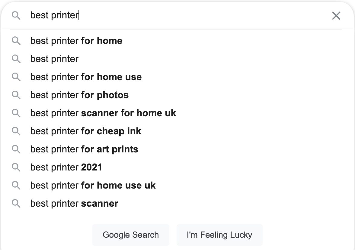 Google search autocomplete suggestions for 'best printer'. 