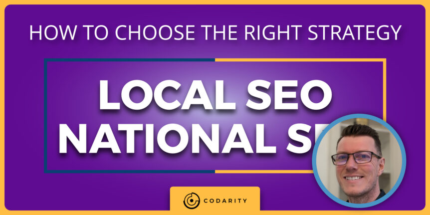 Local SEO vs National SEO - How to Choose the Right Strategy text with a background of a map and location pins, illustrating the concept of selecting the best SEO approach