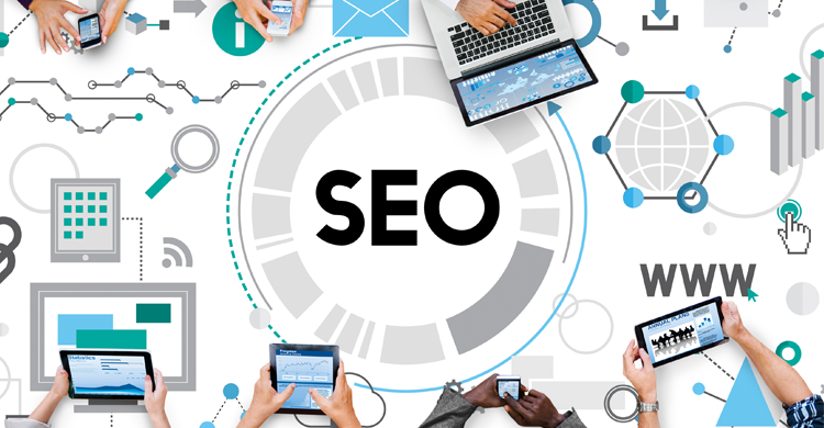 SEO strategy concept image by MindSEO, featuring interconnected icons representing different aspects of search engine optimization