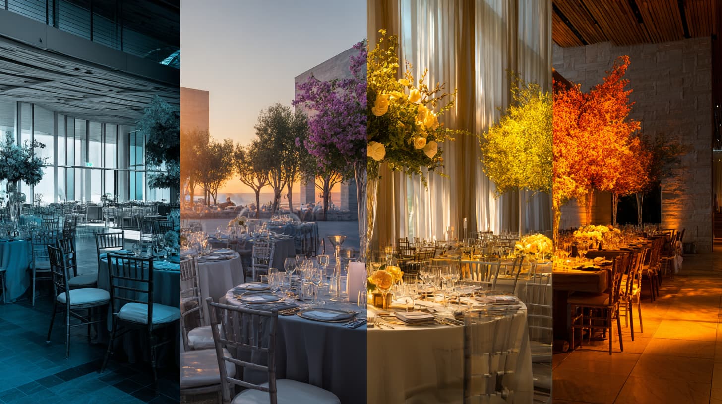 Professional event venue showing four seasonal transformations representing phases of strategic marketing system development