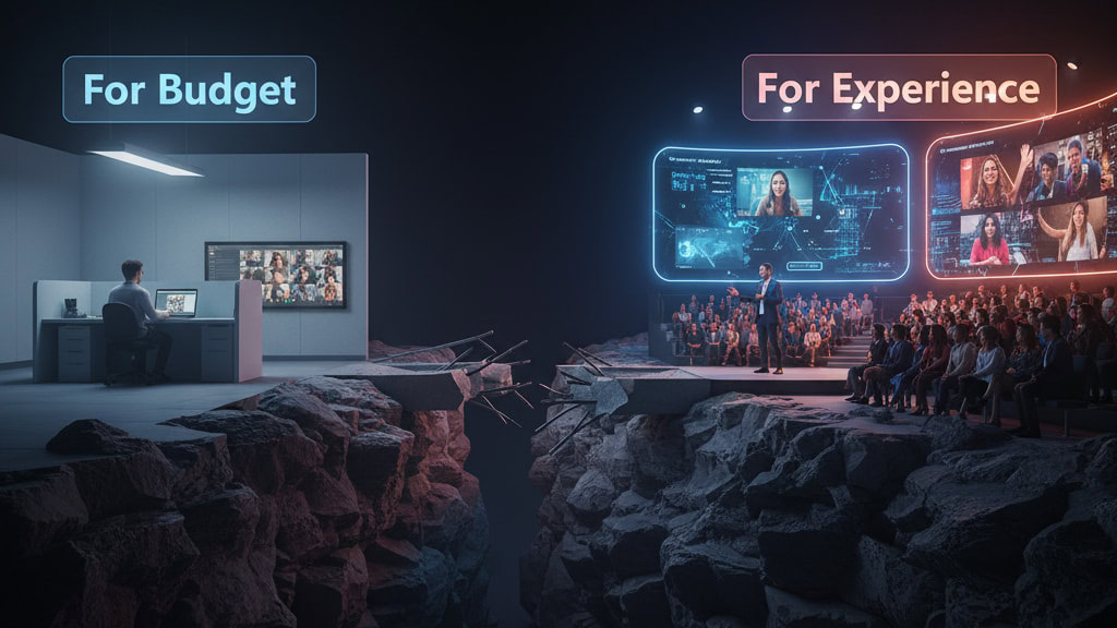 A chasm separating two event types: on the left, a dull online meeting with a 'For Budget' label; on the right, a dynamic hybrid event with live and virtual attendees, labeled 'For Experience.' A broken bridge attempts to connect the two sides, symbolizing the disconnect.