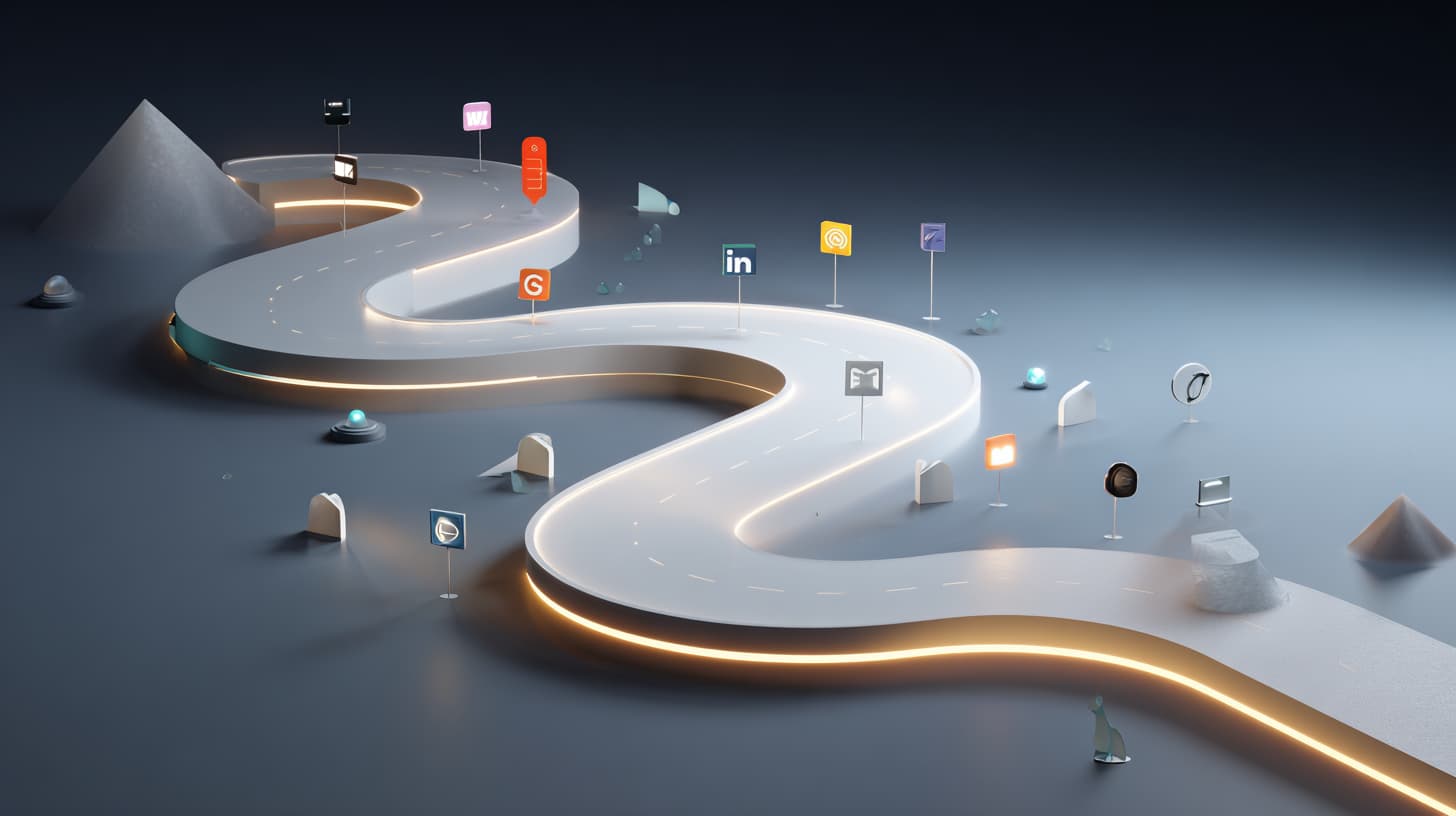 Two diverging event timeline paths in minimalist 3D render: cluttered winding path with floating tech icons versus clean straight path with simple milestone markers, both leading to event venueRetry